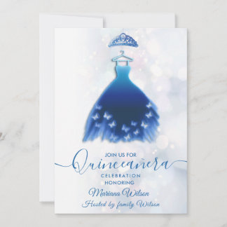 Modernes blaues Schmetterlingskleid Tiara Quince Einladung