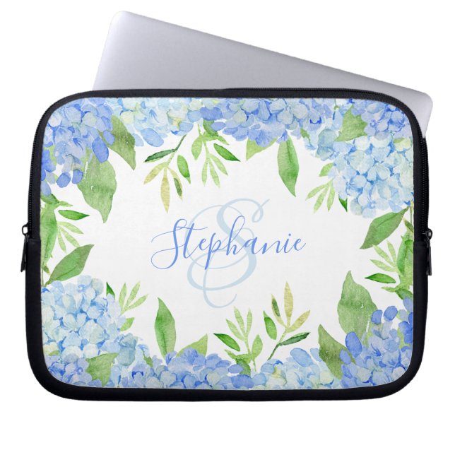 Modernes Blaulblau-Hydrangea Wasserfarbenmonogramm Laptopschutzhülle (Vorderseite)