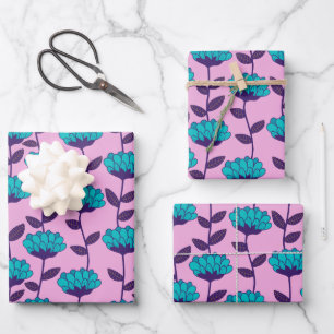 Modernes Blaupink-Blume-Muster Geschenkpapier Set