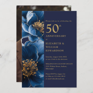 Modernes Blue and Gold Floral 50 Jahre Foto Einladung