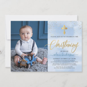 Modernes Blue and Gold Foto Boy Christening Einladung