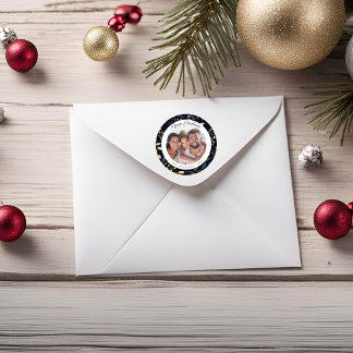 Modernes Blue and Gold Weihnachts-Blätter Foto Runder Aufkleber