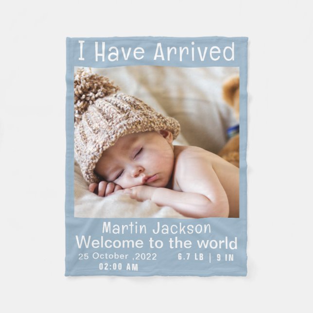Modernes Blue Baby Boy Foto Geburtserklärung Fleecedecke (Vorderseite)