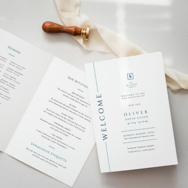 Modernes Blue Bar Mitzvah Folded Program Booklet Programm (Von Creator hochgeladen)