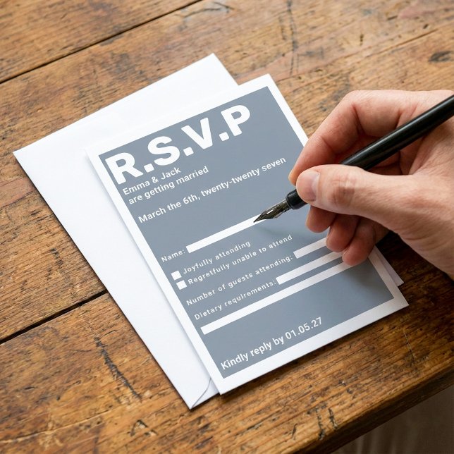 Modernes Blue Bold Typografy UAWG Wedding RSVP Karte (Modern Blue Bold typography RSVP Wedding response card with fillable fields.)