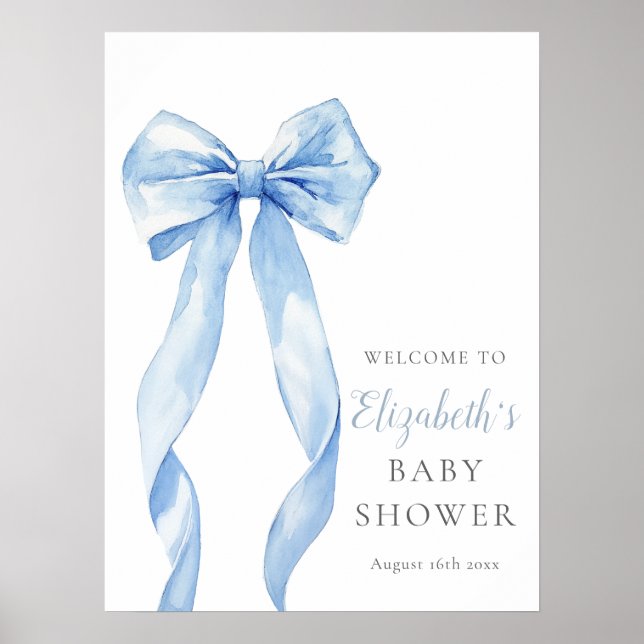 Modernes Blue Bow Baby Dusche Begrüßungszeichen Poster (Vorne)