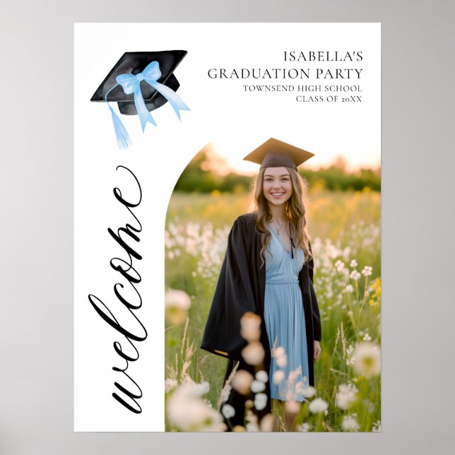 Modernes Blue Bow Coquette Graduation Cap Willkomm Poster (Vorne)