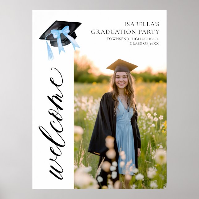 Modernes Blue Bow Coquette Graduation Cap Willkomm Poster (Vorne)