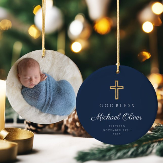 Modernes Blue-Boy-Foto Keramik Ornament (Modern Navy Blue Boy Baptism Photo Ceramic Ornament)