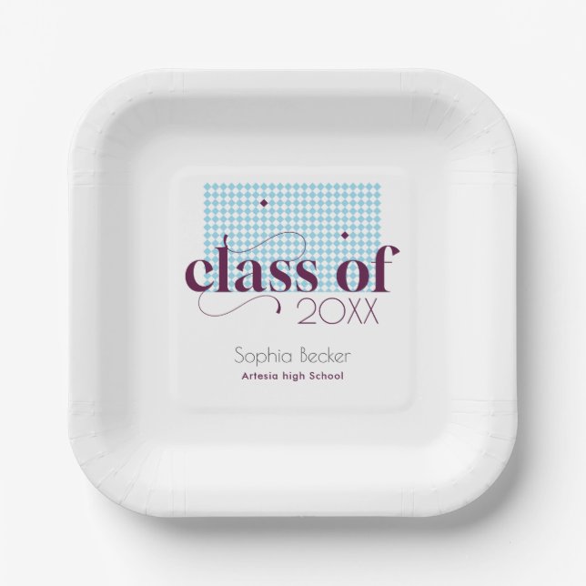 Modernes Blue Burgundy Graduation Cap Muster Pappteller (Vorderseite)