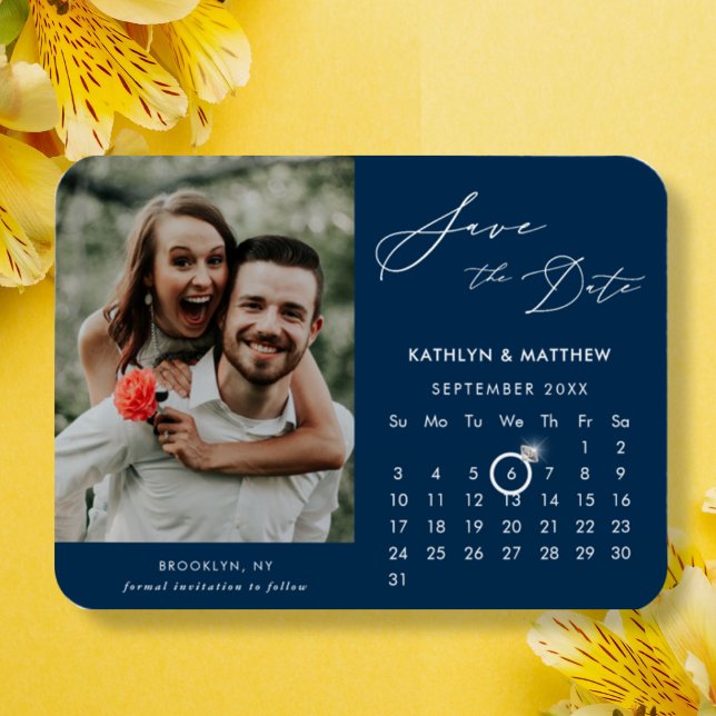 Modernes Blue Elegante Script-Foto Save the Date Magnet (Von Creator hochgeladen)