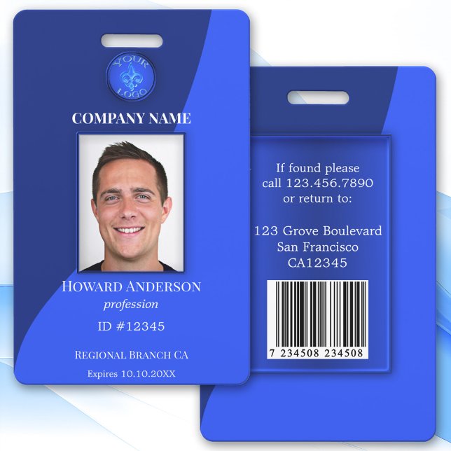 Modernes Blue Employee Foto ID Abzeichen Ausweis (Modern blue design photo ID badge with space for your custom photo, logo, QR code or bar code)