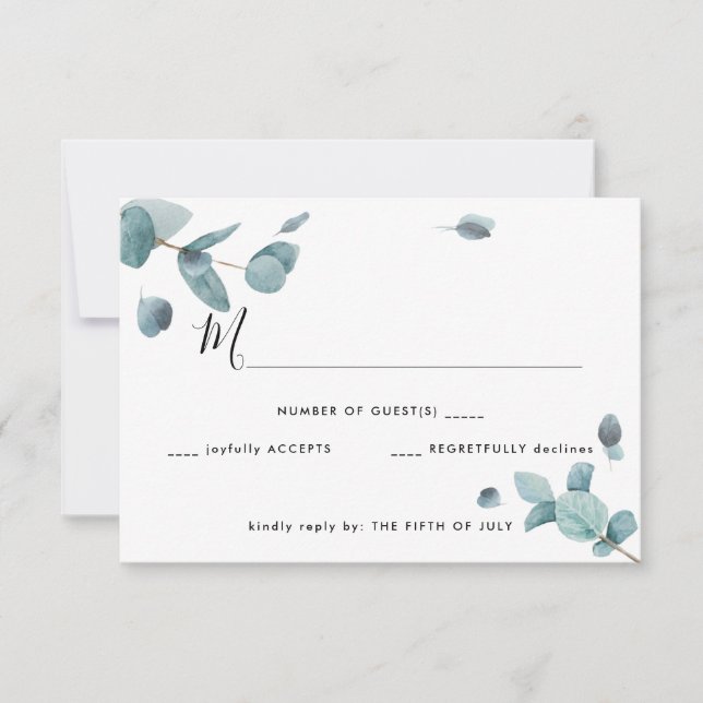 Modernes Blue Eucalyptus Wedding RSVP Karte (Vorderseite)