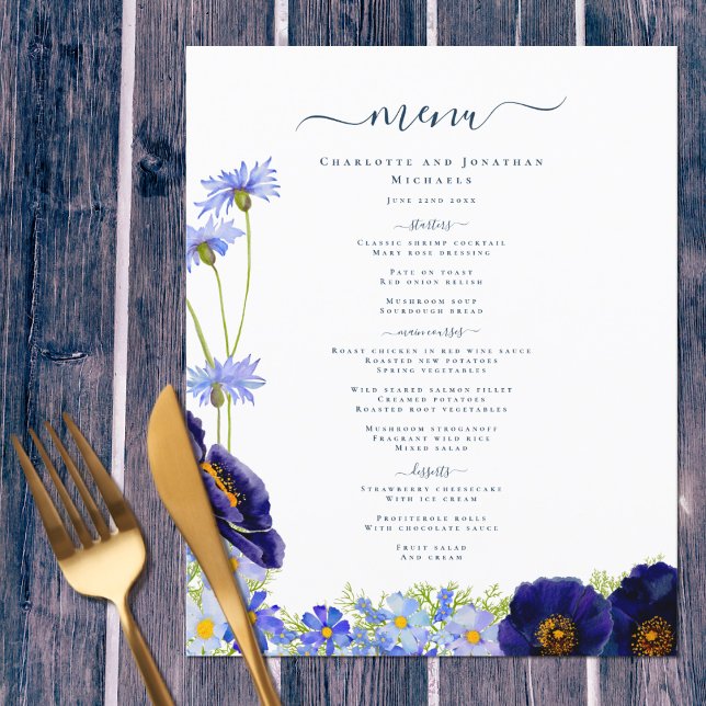 Modernes Blue Floral Boho Wedding Menu (Wildflower watercolor blue personalized wedding menu original artwork by artist Catherine Sweetman)