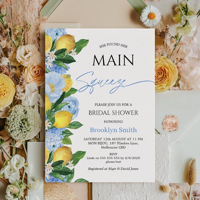 Modernes Blue Floral Lemon Themed Brautparty Einladung (Lemon Bridal Shower Invitation Template, Blue Floral Lemon Bridal Shower, She Found her Main Squeeze)