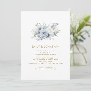 Modernes Blue Florals Gold QR Wedding Abend Party Einladung