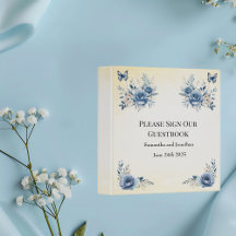 Modernes Blue Flowers Butterflies Wedding Gästebuc