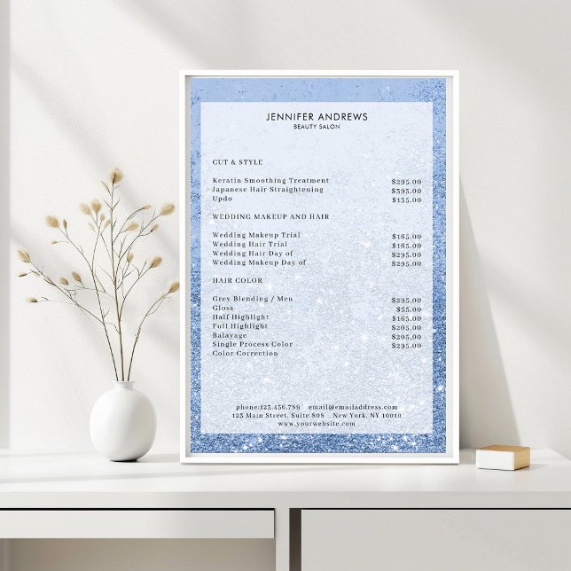 Modernes Blue Glitzer Salon Price List Poster (Von Creator hochgeladen)
