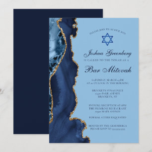 Modernes Blue Gold Agate Bar Mitzvah Party Einladung