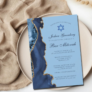 Modernes Blue Gold Agate Bar Mitzvah Party Einladung