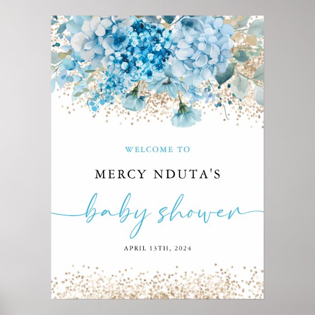 Modernes Blue Gold Floral Baby Dusche Begrüßungsze Poster (Vorne)