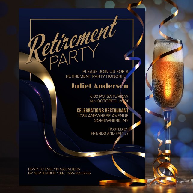 Modernes Blue Gold Retirement Party Einladung (Von Creator hochgeladen)