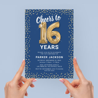 Modernes Blue Gold zum 16. Geburtstag Einladung