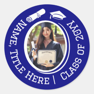 Modernes Blue Graduate Foto, Cap Tassel und Diplom Runder Aufkleber