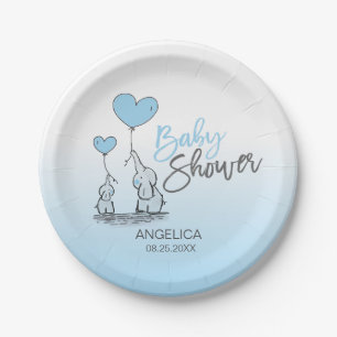 Modernes Blue Gray Blue Elephant BOY Baby Dusche Pappteller