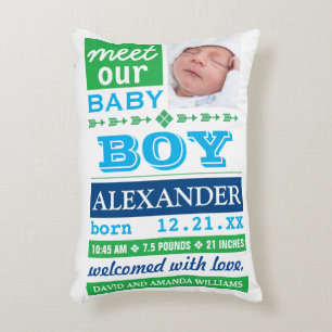 Modernes Blue Green Baby Boy Foto Geburtsstunde Dekokissen