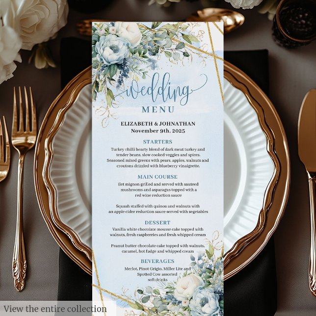 Modernes Blue Greenery Gold Frame Wedding Menü Menükarte (Modern Dusty Blue Greenery Gold Frame Wedding Menu)