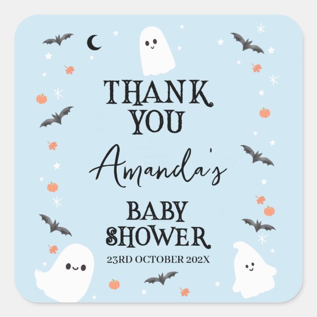 Modernes Blue Halloween Little Boo Baby Dusche Quadratischer Aufkleber (Vorderseite)