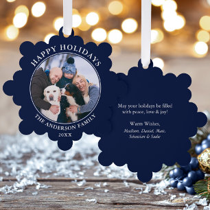 Modernes Blue Happy Holidays Foto Ornament Karte