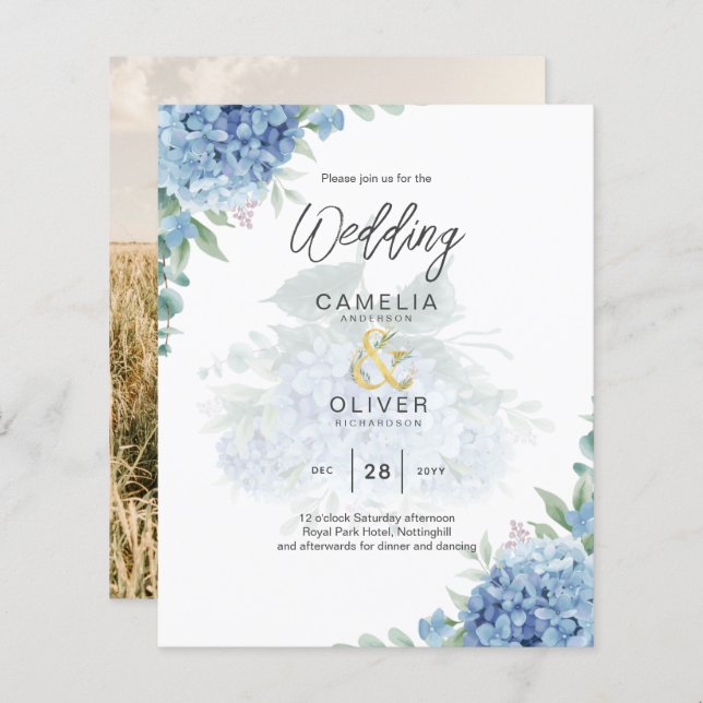 Modernes Blue Hydrangea FOTO Hochzeit Einladung (Vorne/Hinten)