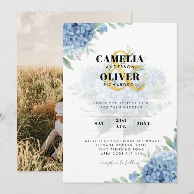 Modernes Blue Hydrangea FOTO Hochzeit Einladung (Vorne/Hinten)