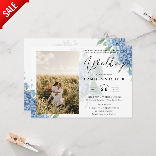 Modernes Blue Hydrangea FOTO Hochzeit Einladung (Von Creator hochgeladen)