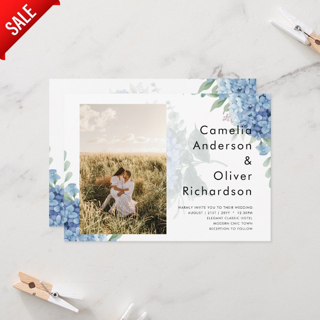Modernes Blue Hydrangea FOTO Hochzeit Einladung (Von Creator hochgeladen)