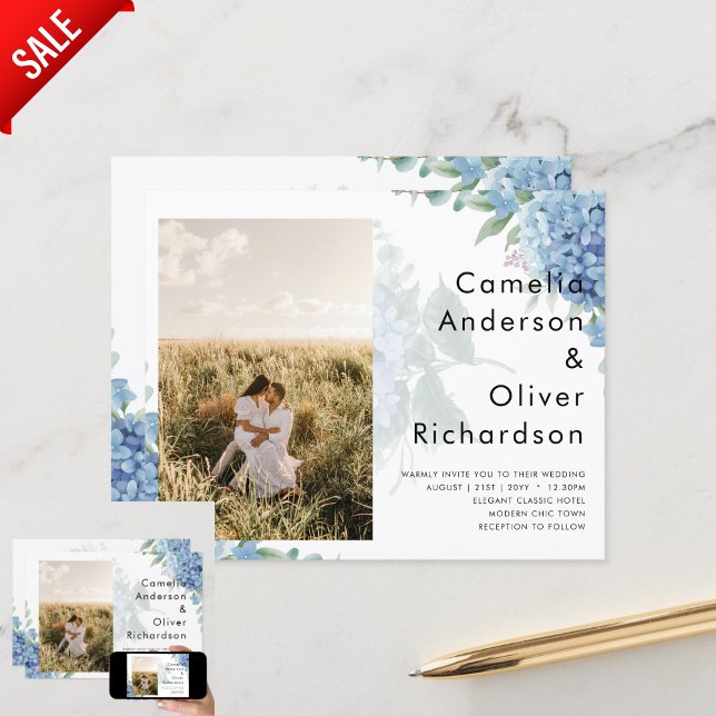 Modernes Blue Hydrangea FOTO Hochzeit Einladung (Von Creator hochgeladen)