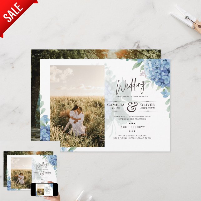 Modernes Blue Hydrangea FOTO Hochzeit Einladung (Von Creator hochgeladen)