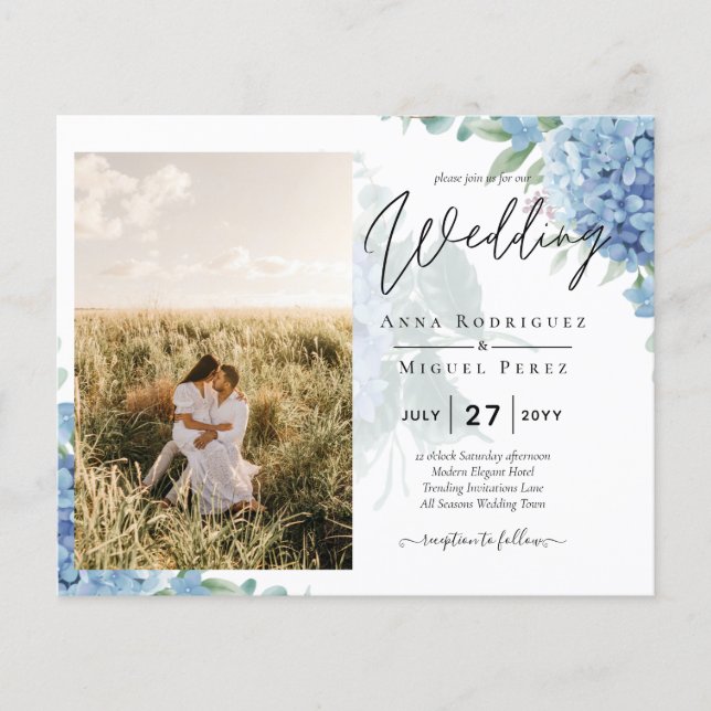 Modernes Blue Hydrangea FOTO Hochzeit Einladung Flyer (Vorne)