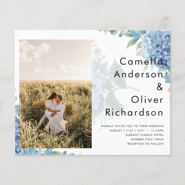 Modernes Blue Hydrangea FOTO Hochzeit Einladung Flyer (Vorne)