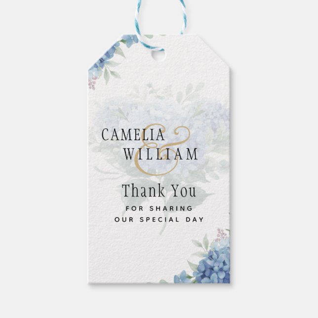 Modernes Blue Hydrangea FOTO Hochzeit Einladung Geschenkanhänger (Vorderseite)