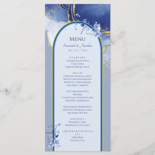 Modernes Blue Marble Wedding Flat Menu Menükarte (Vorderseite)