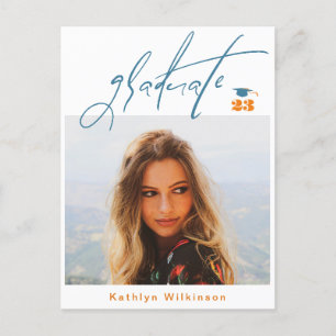 Modernes Blue Orange Script Minimalistisch Foto GR Ankündigungspostkarte