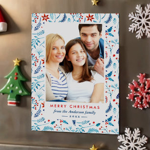 Modernes Blue Red Berries Muster Weihnachtsfest Fo Magnetkarte