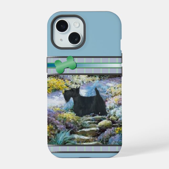 Modernes Blue Scottish Terrier Dog Art iPhone 15 Hülle (Rückseite)