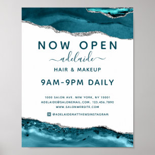 Modernes Blue Silver Glitzer Friseur Salon Open Si Poster