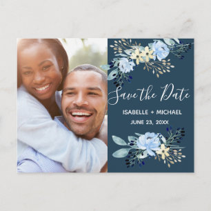 Modernes Blue Watercolor Floral Save the Date Foto Ankündigungspostkarte