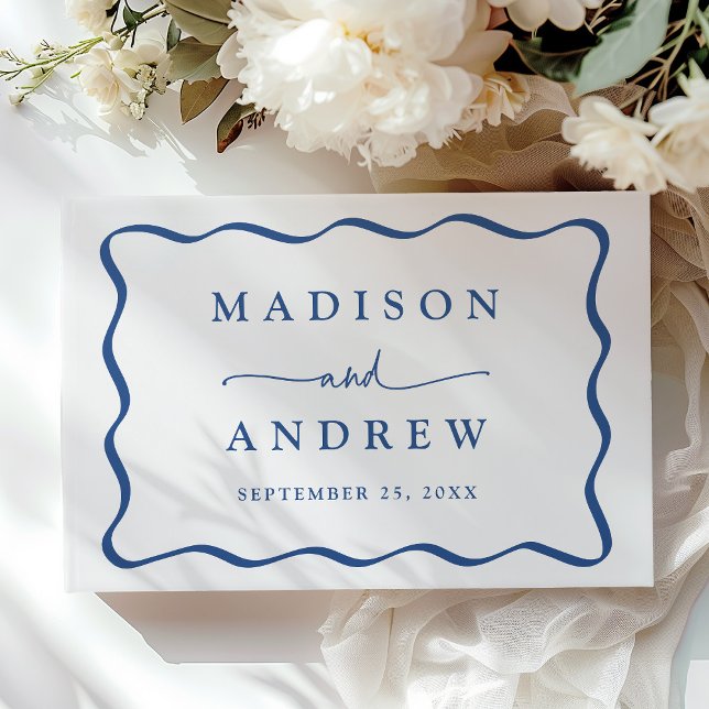 Modernes Blue Wavy Frame Foto Hochzeit Gästebuch (Von Creator hochgeladen)