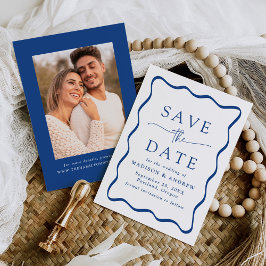 Modernes Blue Wavy Frame Foto Hochzeit Save The Date